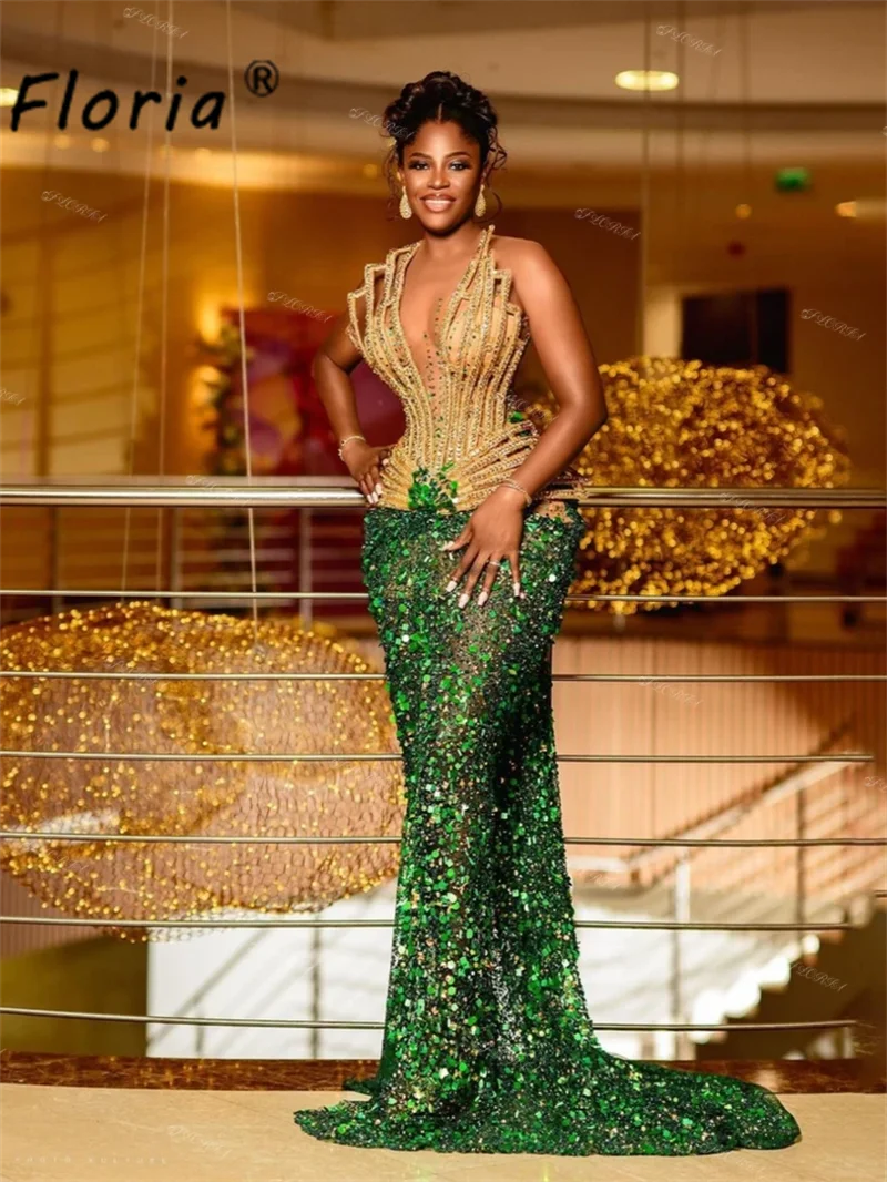 Aso Ebi Gold Grün Meerjungfrau Abendkleider 2025, Luxus Afrika Frauen Angepasst Perlen Glitter Pailletten Hochzeit Party Kleid Plus Größe
