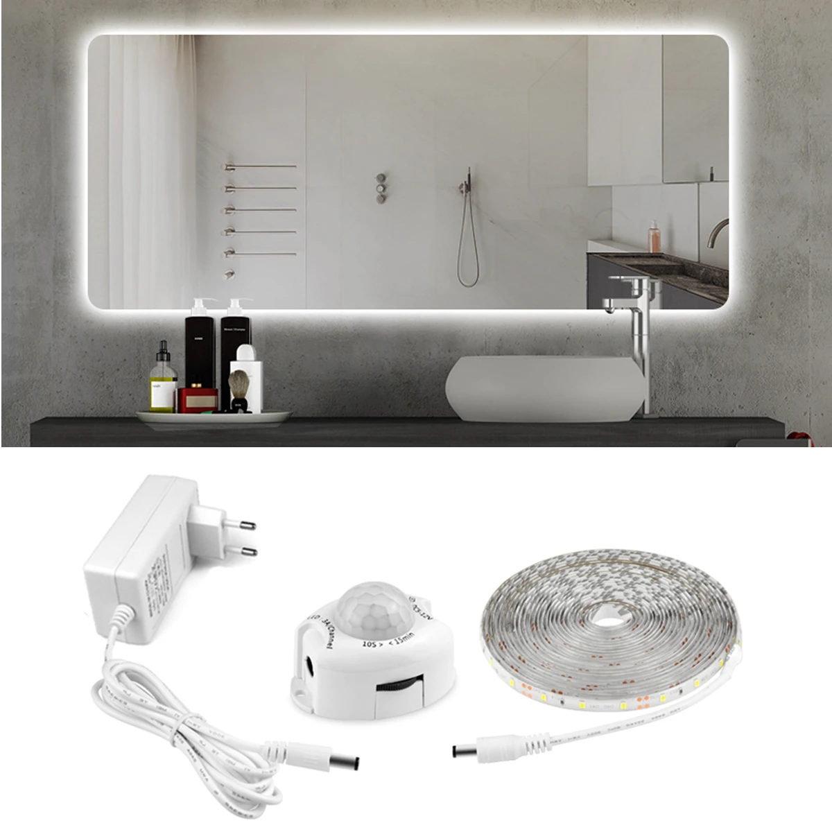 12 V Badezimmerspiegelleuchte, PIR-Bewegungsmelder, LED-Streifenlicht, 2835, 60 LEDs/m, wasserdicht, intelligente Nachtlampe für Schlafzimmer, Badezimmer, Treppe