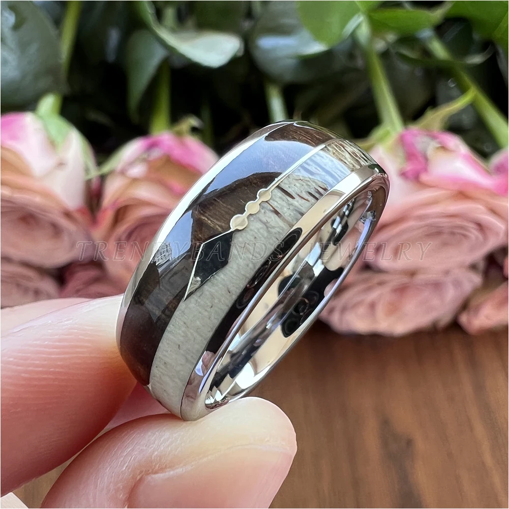 8mm Hartmetall Engagement Ringe für Männer Frauen Hochzeit Bands Koa Holz Pfeil Deer Geweih Inlay Poliert Glänzenden Komfort fit Image