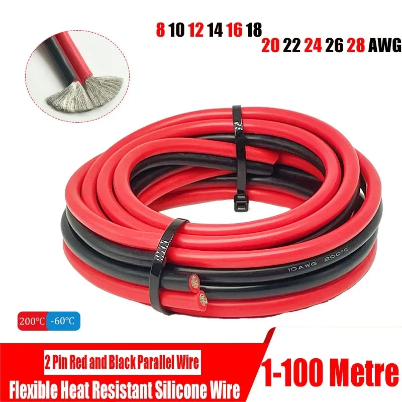 Superweicher 2-adriger Rot-Schwarz Silikondraht 28AWG 26AWG 24AWG 22AWG 20 18 16AWG 14AWG 12AWG 10AWG 8AWG Hitzebeständiger Kupferdraht Image