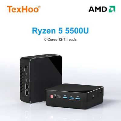 TexHoo AMD R5 5500U Mini PC 6-core 12-thread 16/32GB DDR4 512GB/1TB SSD WIFi6 Mini Computer PC Mini