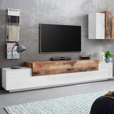 Moderner TV-Schrank 240cm 4 Fächer 3 Türen weißes Holz Corona Low Maple