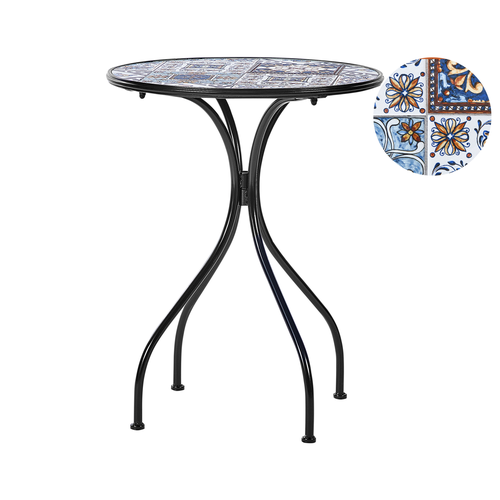 Gartentisch Schwarz u. Blau aus Metall Mosaik Muster ø 60 cm Rund Kaffeetisch Couchtisch Outdoor Terrassenmöbel Gartenmöbel Balkonmöbel