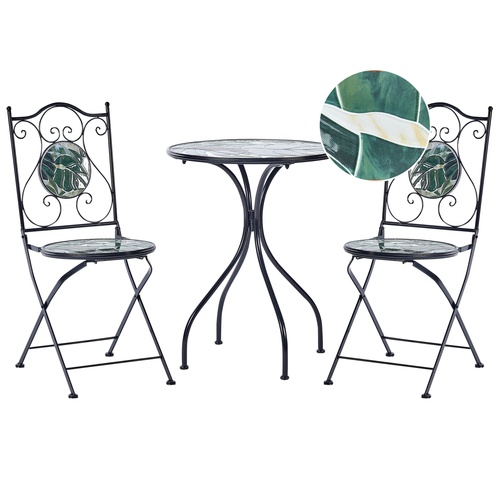 Balkon Set Schwarz u. Grün aus Metall Mosaik Muster mit 2 Stühlen 1 Tisch Outdoor Terrassenmöbel Gartenmöbel Balkonmöbel