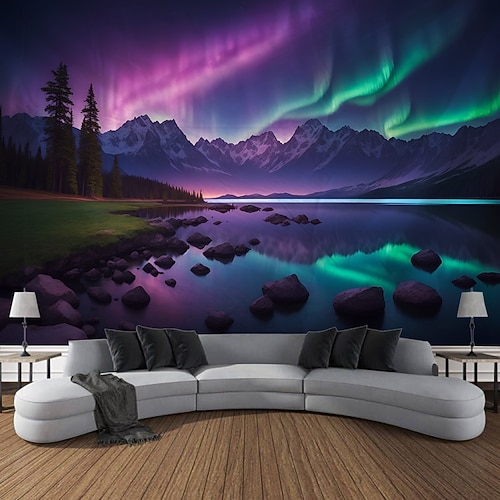 Natur Wandteppich zum Aufhängen, große Wandteppiche, Wanddekoration, Fotohintergrund, Decke, Vorhang, Zuhause, Schlafzimmer, Wohnzimmer, Dekoration, Nordlicht, Aurora Wandtuch XXL Natur Image