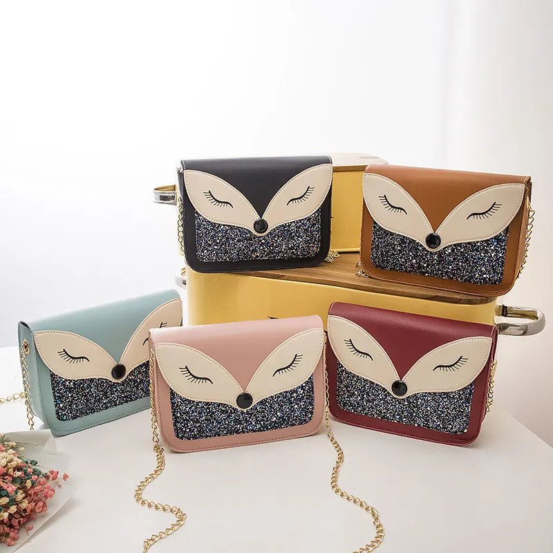 Damen-Umhängetasche mit niedlichem Fuchsdruck, modisch, Cross-Body-Umhängetasche mit Kettenriemen, Damen-Mini-Quadrat-Taschen, Clutch-Geldbörse, Handtaschen, 2023, Neu Image