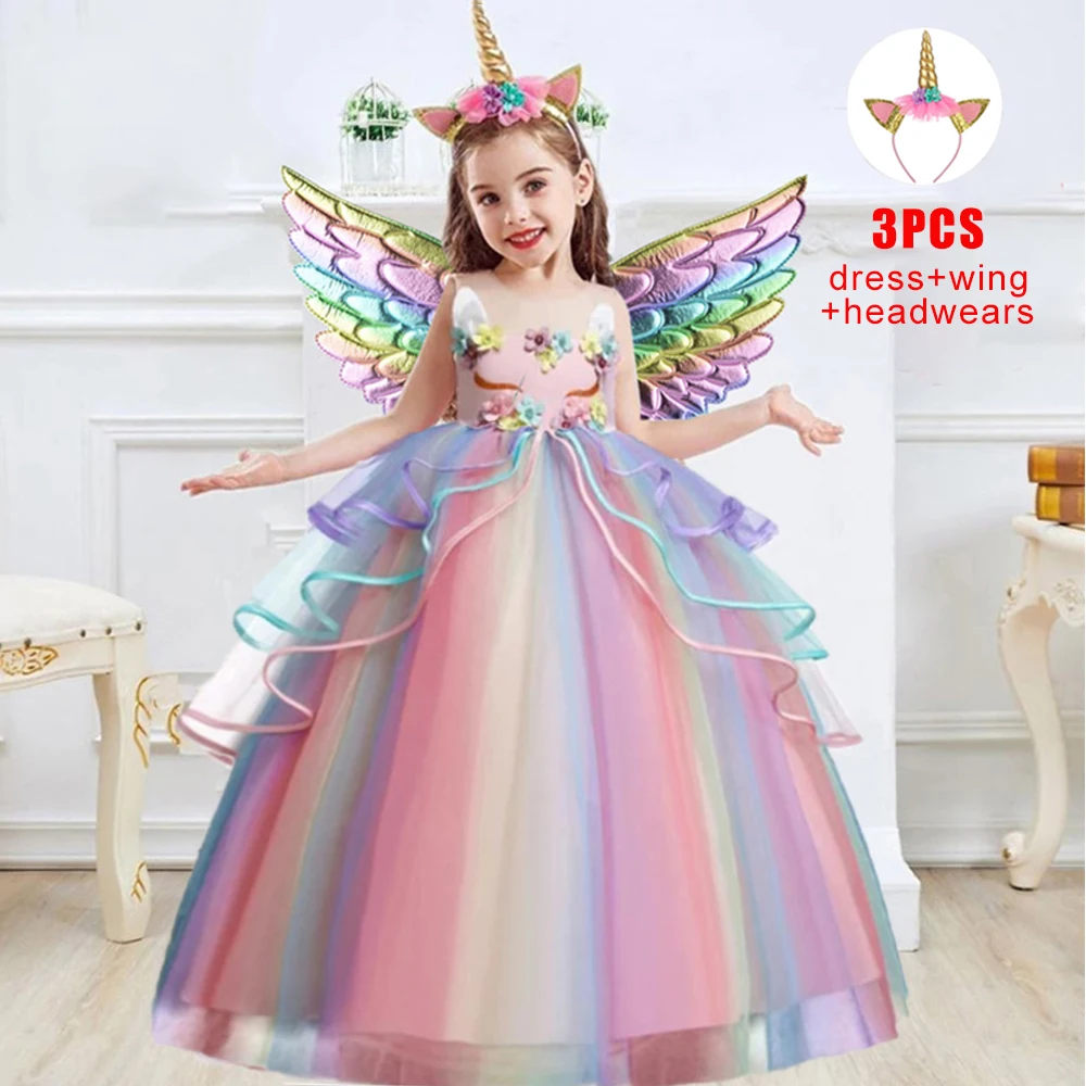 Sommer Regenbogen Einhorn Mädchen Kleid Cosplay Kostüm Blumen applikationen Geburtstags feier Kinder Kleider für Mädchen Brautjungfer Prinzessin Kleid Image