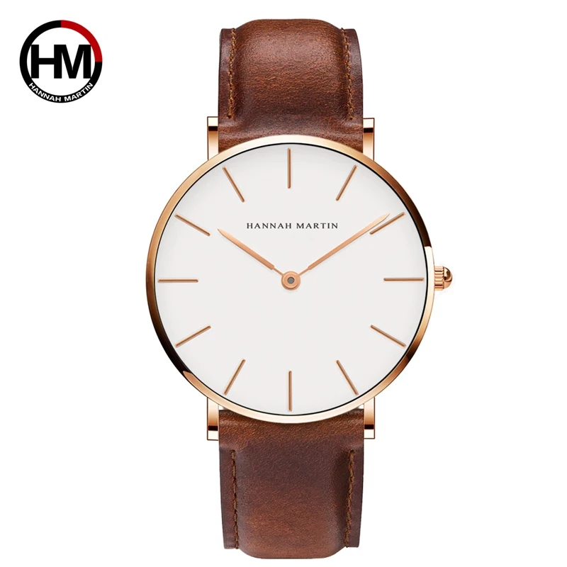 Hannah Martin Hohe Qualität Rose Gold Zifferblatt Uhr Männer Leder Wasserdichte Armbanduhr Frauen Kleid Mode Japan Quarzwerk Saat