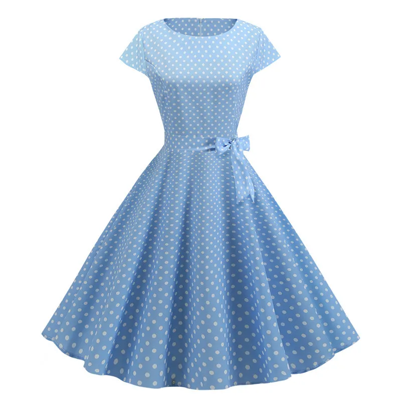 Vintage Kleid Damen Sommer Kurzarm Elegant Polka Dot Midi Casual Büro Partykleid 50er 60er Pin Up Rockabilly Kleider