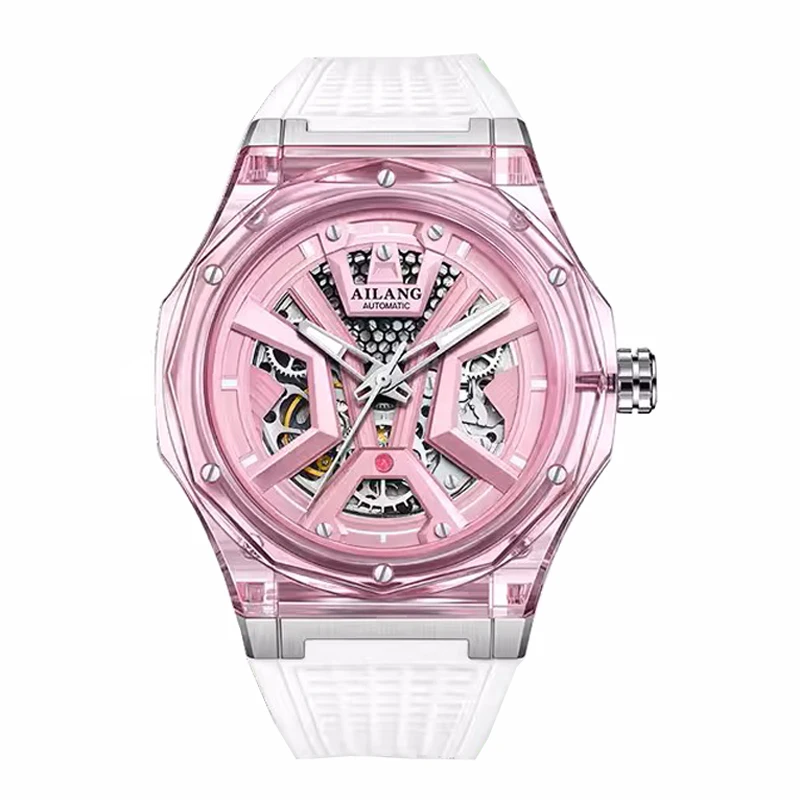 AILANG Frauen Automatische Mechanische Uhr Top Marke Luxus Rosa Transparent Fall Wasserdichte Armbanduhr Damen Skeleton Uhr 2024 Image