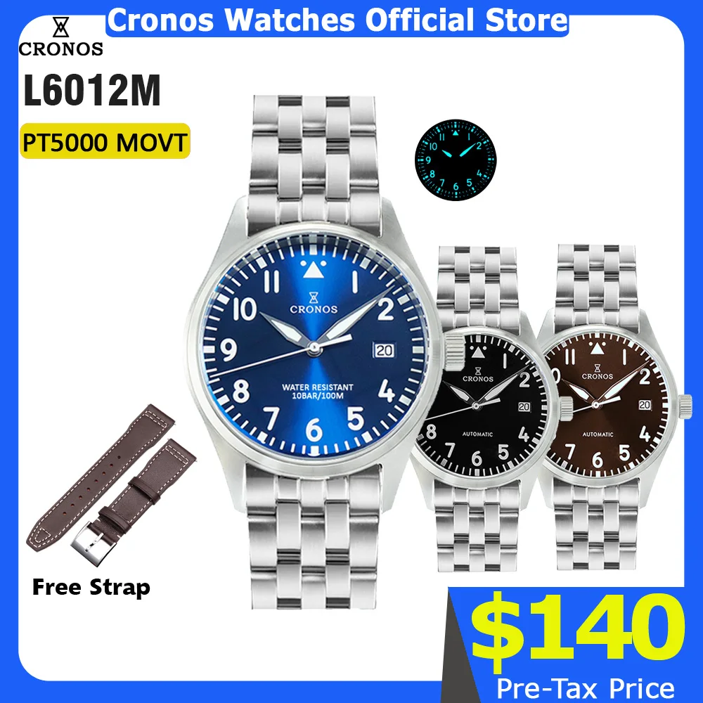 Cronos Pilot Flieger Mechanische Männer Uhr 39mm edelstahl Super Lum Gewölbtem Sapphire Kristall Leder Nylon Strap L6012 Image