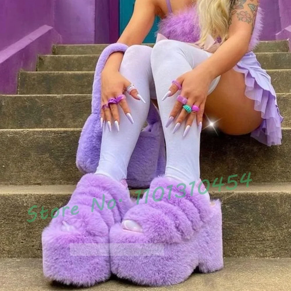 Slingback Pelzigen Plattform Sandalen Frauen Süße Fluff Elastic Band Funky Große Größe 47 Schuhe Frühling Höhe Incresing Peep Toe Sandalen