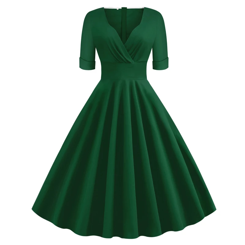 Büro grün solide Rockabilly 1920er Jahre Vintage gerafften V-Ausschnitt elegante Party kleid Frauen 1950 Sommer halbe Ärmel eine Linie Midi-Kleider