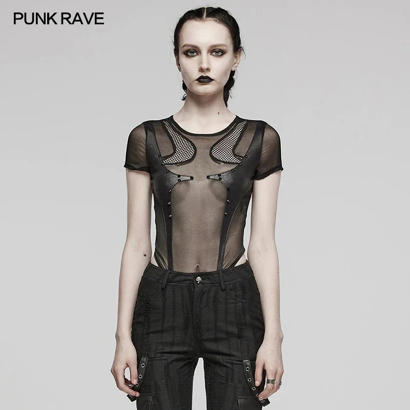 Punk Rave Frauen Punk sexy elastische Mesh Spleißen Bodysuit abnehmbare Snap Black Tops Frauen Kleidung Sommer