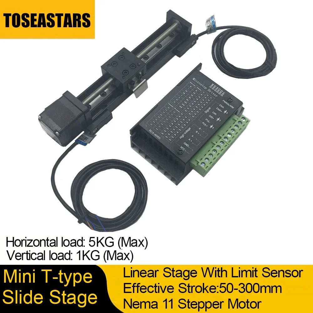 Mini-T-Typ-Schiebetisch, lineare Bühne mit Begrenzungssensor, 50–300 mm Hub, Nema11 28 mm Schrittmotor für XYZ-Achse, CNC-3D-Drucker Image