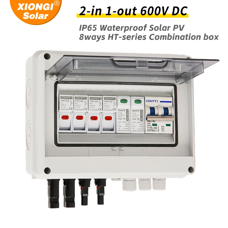 Solar Photovoltaik PV Combiner Box mit Blitzschutz 2 Eingänge 1 Out DC 600 V Sicherung MCB SPD wasserdichte Box IP65 Großhandel Image