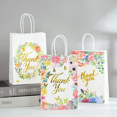 5Pcs Flowers Thank You Gift Bags Wedding Gift For Guests Paper Snack Cookie Candy Packing Bag