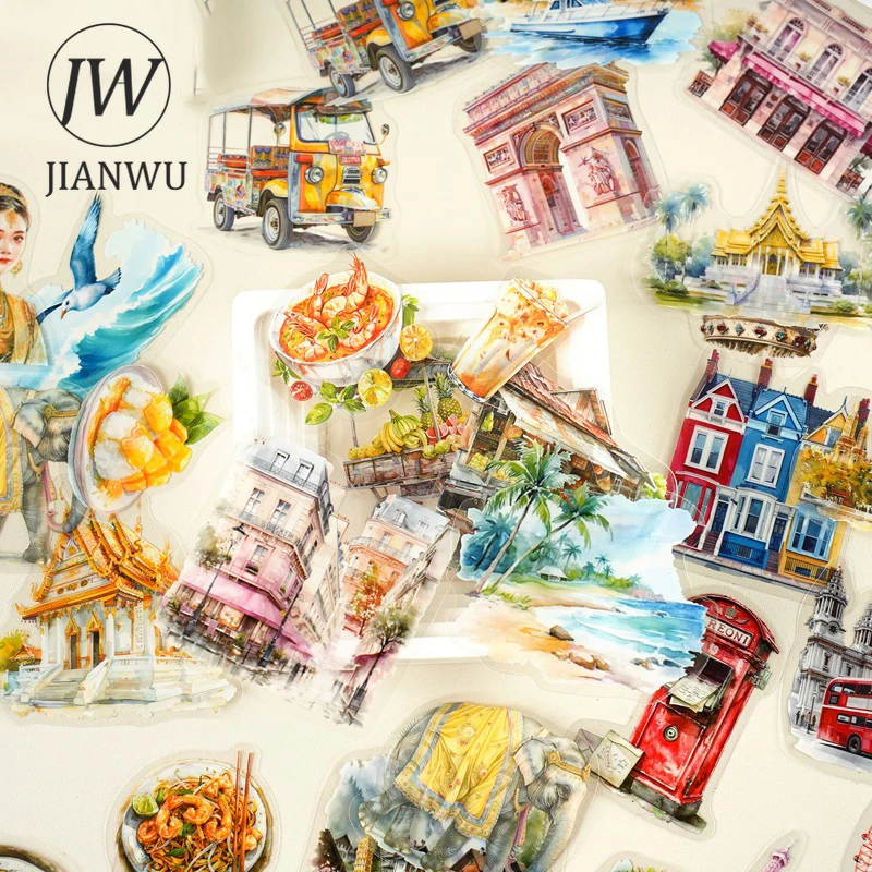JIANWU 30 feuilles série voyage de vacances Vintage aménagement paysager matériel Collage PET autocollant créatif bricolage Journal papeterie