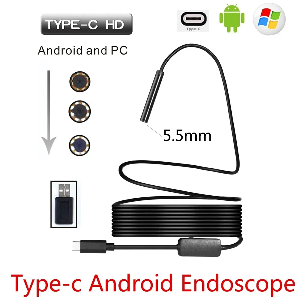 5.5mm USB Tipo-C Android Endoscopio Fotocamera Flessibile Serpente USB Tipo C Cavo Duro 1M 2M 3M 5M 10M Cavo Telecamera di Ispezione Periscopio