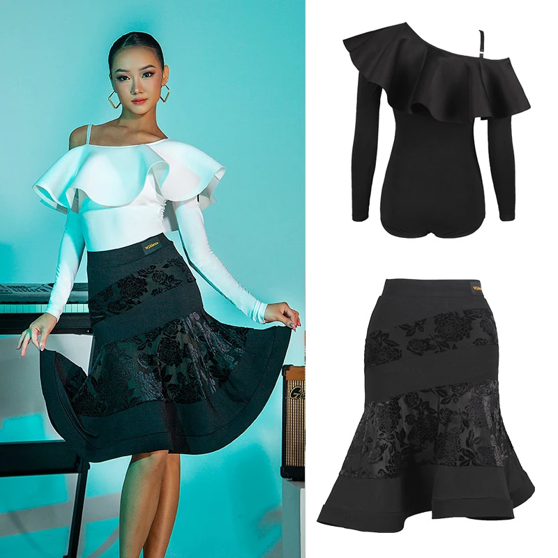 Costume da ballo latino da donna Top con spalle incrociate increspate Gonna nera Tango Chacha Samba Rumba Sala da ballo Pratica di ballo SL7249
