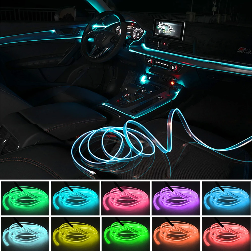 5 Meter Car LED Ambient Lighting Neon Fiber Optic Atmosphere Light Strip For Car Interior USB Decoration DIY Flexible Light Kit