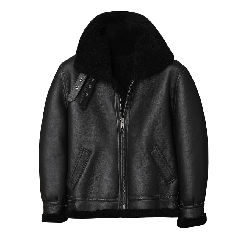 Giacca invernale in shearling nera da uomo stile militare taglie forti 5XL Cappotto da volo bomber caldo spesso in vera pelle di pecora naturale