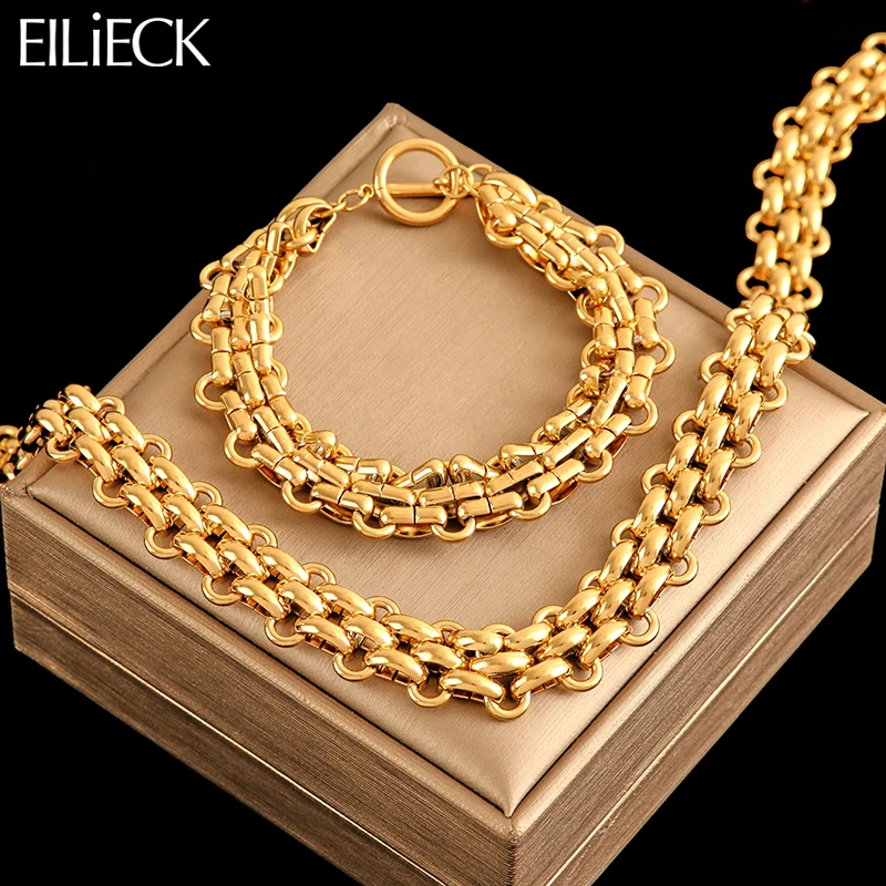 EILIECK Acciaio Inossidabile 316L Placcato Oro 18K Catena Cubana Dichiarazione Collana Bracciale Set Fascino Moda Donna Gioielli Impermeabili