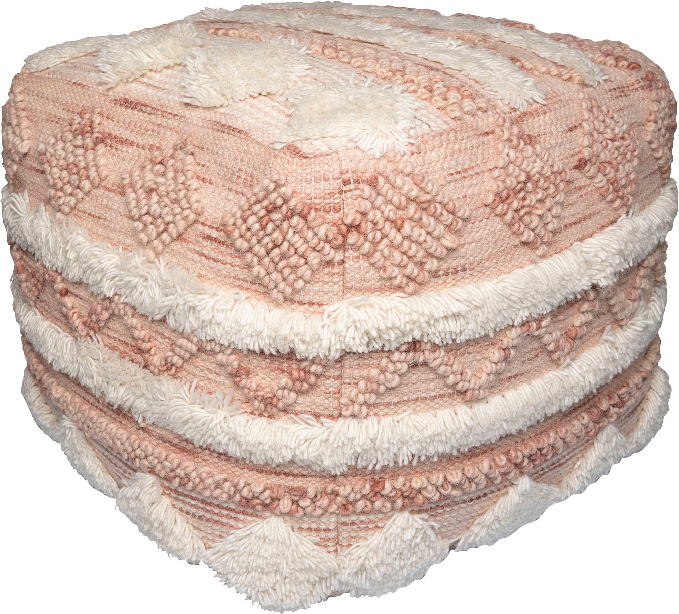 Pouf KAYOOM "Bohist 225 50cm x 50cm, Strukturen mit Fransen und Quasten", rosa (rosa, creme), B:50cm H:45cm T:50cm, Baumwolle, Vlies, Poufs, handgefertigt, Unikat, sehr gut kombinierbar, vielfältig im Einsatz