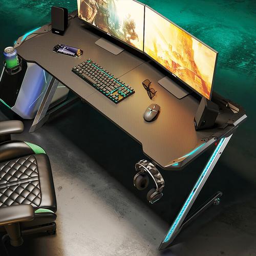 Gaming Tisch led mit Getränkehalter,Kopfhörerhalter Computertisch schwarz,Z-förmige ergonomische