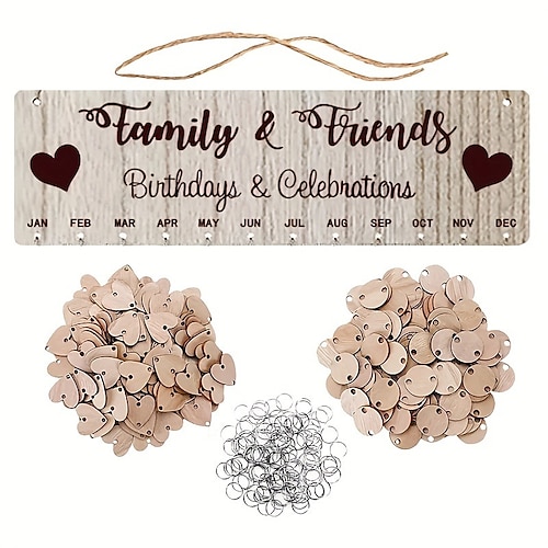 1 Stück DIY Holz Familiengeburtstagstafel Hängeschild Anhänger Kalender Wandmontiertes Geburtstagserinnerungsschild mit 100 Holzetiketten Tolles Geschenk für Mama Oma Hängeschild für Image