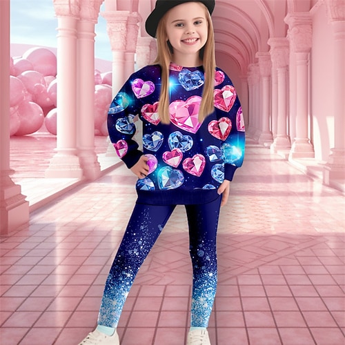 Mädchen 3D Herz Set aus Sweatshirt und Leggings Set Langarm 3D-Druck Herbst Winter Aktiv Modisch Täglich kinderkleidung 3-12 Jahre Rundhalsausschnitt Outdoor Urlaub Verabredung Regular Fit Image
