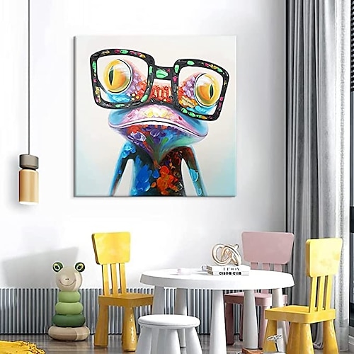 Ölgemälde auf Leinwand, Wandkunst, Dekoration, süßer Frosch mit Brille, für Wohnkultur, rahmenlos oder gerahmt, Kunstwerk für Wohnzimmer, Kinderzimmer Image
