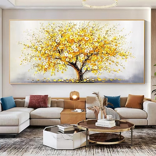 Handgefertigtes Ölgemälde auf Leinwand, Wandkunst-Dekor, originale goldene Baumstruktur, Bäume in voller Länge für die Heimdekoration, mit gespanntem Rahmen, ohne Malerei im Innenrahmen Image