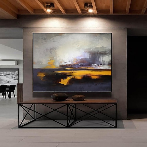 Handgefertigtes Ölgemälde auf Leinwand, Wandkunst, Dekoration, abstrakte Messermalerei, Landschaft, gelb, für Wohnkultur, gerollt, rahmenlos, ungedehnt Image