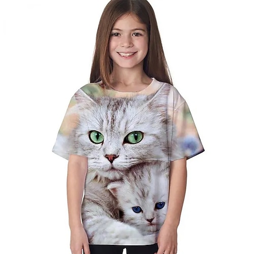 kinderkleidung Mädchen T-Shirt Tier Casual Kurzarm Rundhalsausschnitt Kuschelig 7-13 Jahre Sommer Schwarz Weiß Marineblau Image