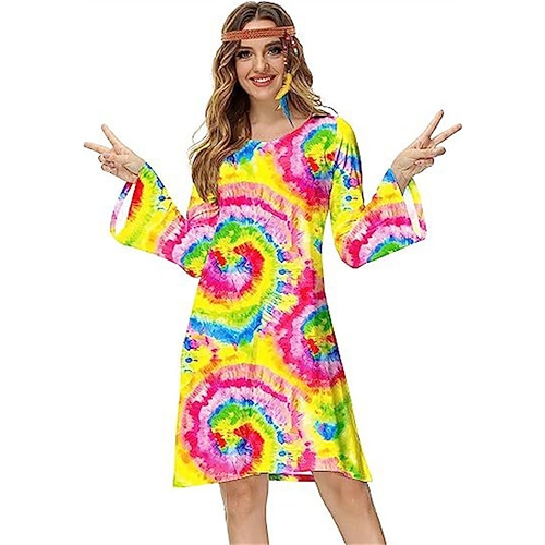 Hippie 1970er Disko Kleid Cosplay Kostüm Stirnband Trompetenärmel Hippie Disco Kostüm Damen Mädchen Halloween Karneval Maskerade Party-Abendmode Pride Parade Pride-Monat Erwachsene Kleid Stirnband Image
