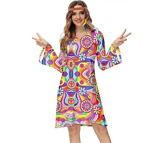 Hippie 1970er Disko Kleid Cosplay Kostüm Stirnband Trompetenärmel Hippie Disco Kostüm Damen Mädchen Halloween Karneval Maskerade Party-Abendmode Pride Parade Pride-Monat Erwachsene Kleid Stirnband Image