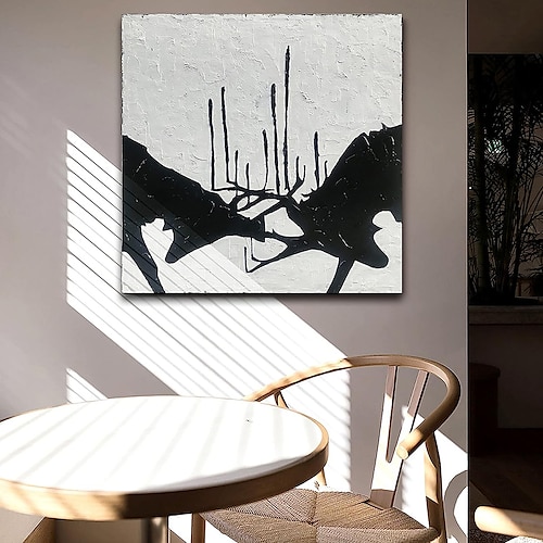 Handgefertigtes Ölgemälde auf Leinwand, Wandkunst, Dekoration, schwarz-weiß, dicke Textur, Tier, Hirsch, für Heimdekoration, gerollt, rahmenlos, ungedehntes Gemälde Image