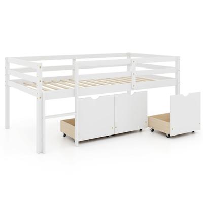 Costway Twin Size Low Loft Bed with 3 Drawers with Ladder and Full-length Guardrails-White