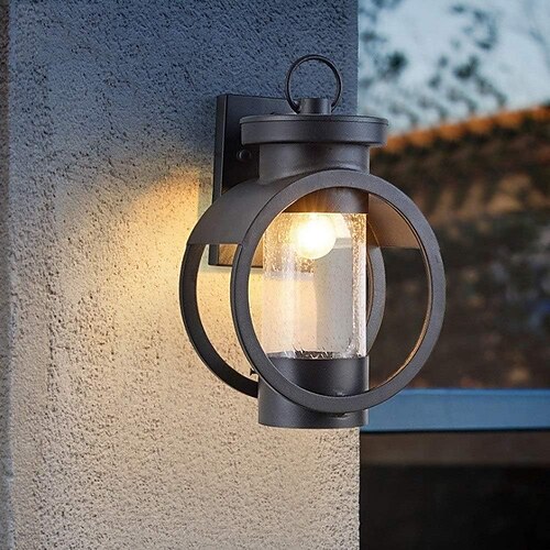 Schwarze, rostfreie Außenwandleuchte, Laterne aus klarem Glas, wasserdichte Wandleuchte, industrielle Außenwandleuchte aus Eisen für Eingangstür, Veranda, Terrasse und Pavillon Image
