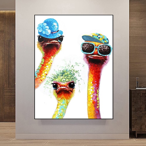 Handgemachtes Ölgemälde auf Leinwand, Wandkunst, Dekoration, modernes, niedliches Tier, Straußenfamilie, für Wohnkultur, gerolltes, rahmenloses, ungedehntes Gemälde Image