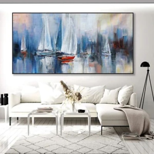 Handgefertigtes Ölgemälde auf Leinwand, Wandkunst, Dekoration, abstrakte Meereslandschaft, Farbe, Segelboot für Wohnkultur, gerollt, rahmenlos, ungedehnt Image