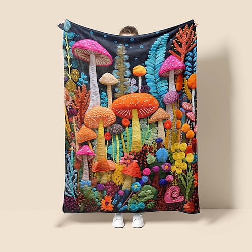 Pilz-Quilt-Kunst-Muster, große Decke, superweiche Überwurfdecke, Neuheit, Flanell, warm, 3D-Druck, alle Jahreszeiten, Raumdekoration, Geschenke, große Decke Image