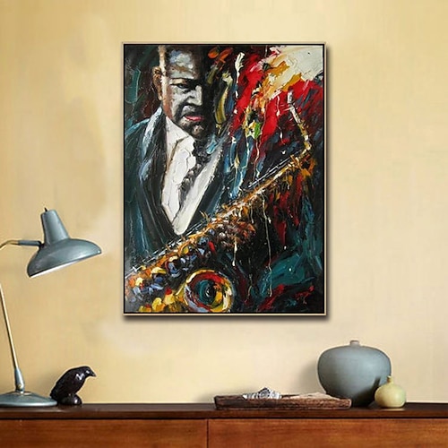 Handgefertigtes Jazz-Figurengemälde, modernes, feines Kunstwerk, die neueste Hoteldekoration, handgemaltes Musiker-Jazzspieler-Ölgemälde, Wandkunst, Studio-Dekor, Geschenk für Dekor, gerollte Leinwand Image
