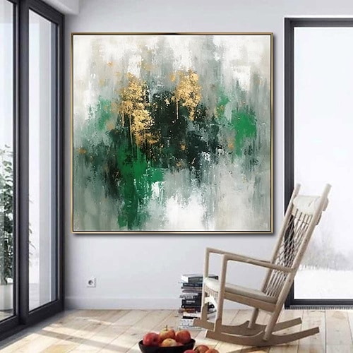 Handgefertigtes Ölgemälde auf Leinwand, Wandkunst, Dekoration, handbemalt, modernes, grünes, goldenes, abstraktes Gemälde für die Inneneinrichtung, gerolltes, rahmenloses, ungedehntes Gemälde Image