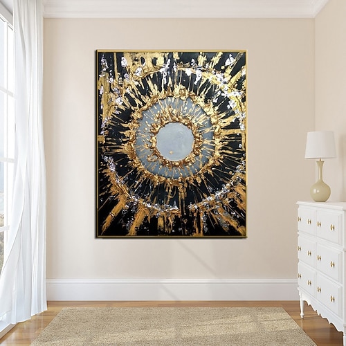 Großes handgemaltes goldenes Ölgemälde, Folienölgemälde, handgefertigt, Original-Ölgemälde, abstrakt, modern, auf Leinwand, goldenes Blatt, Wand, handgefertigtes Kunstdekor, gerollte Leinwand, kein Image