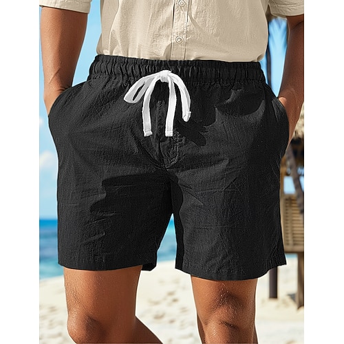 Herren Shorts Leinenshorts Sommershorts Kordelzug Elastischer Bund Gerader Schnitt Einfach Komfort Atmungsaktiv Über dem Knie Lässig Täglich Ferien Mode Klassicher Stil Schwarz Weiß Image
