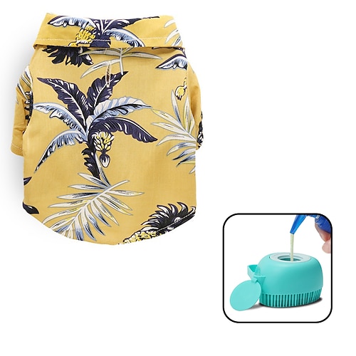 Hawaiihemd für Hunde, 2-teilig, Welpenkleidung mit Hundebadebürste für kleine, mittelgroße und große Hunde, atmungsaktives Hunde-T-Shirt mit Kokosnussbaummotiv für Jungen Image