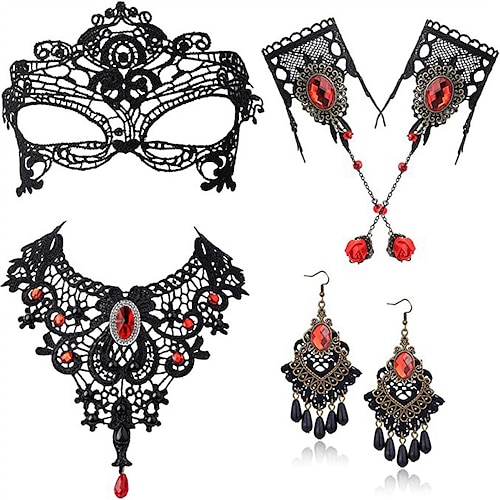 Euro-amerikanisches CARNIVAL Halskettenarmband Ohrring Set Spitze Vintage Legierung Quastenarmband Ring Ohrring Maske Weihnachtsgeschenk Image
