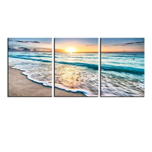 3 Paneele Wandkunst auf Leinwand, Poster, Gemälde, Kunstwerk, Bild, blaues Meer, Sonnenuntergang, weißer Strand, Landschaft, moderne Heimdekoration, Dekoration, gerollte Leinwand, kein Rahmen, Image